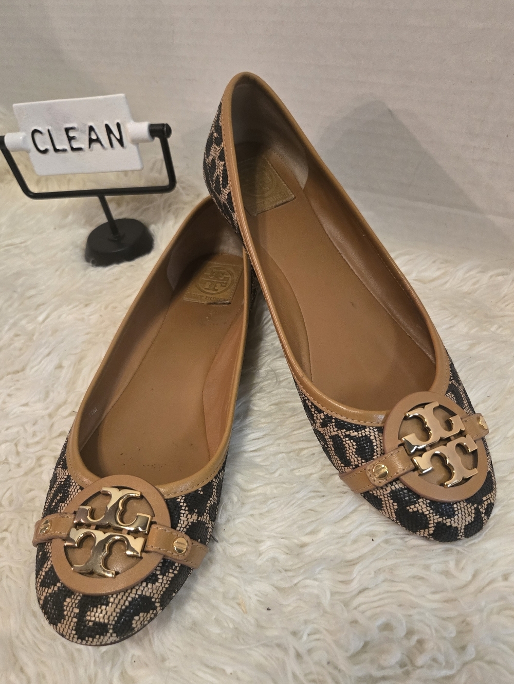 Tory Burch Tan and Black Logo Ballet Flats